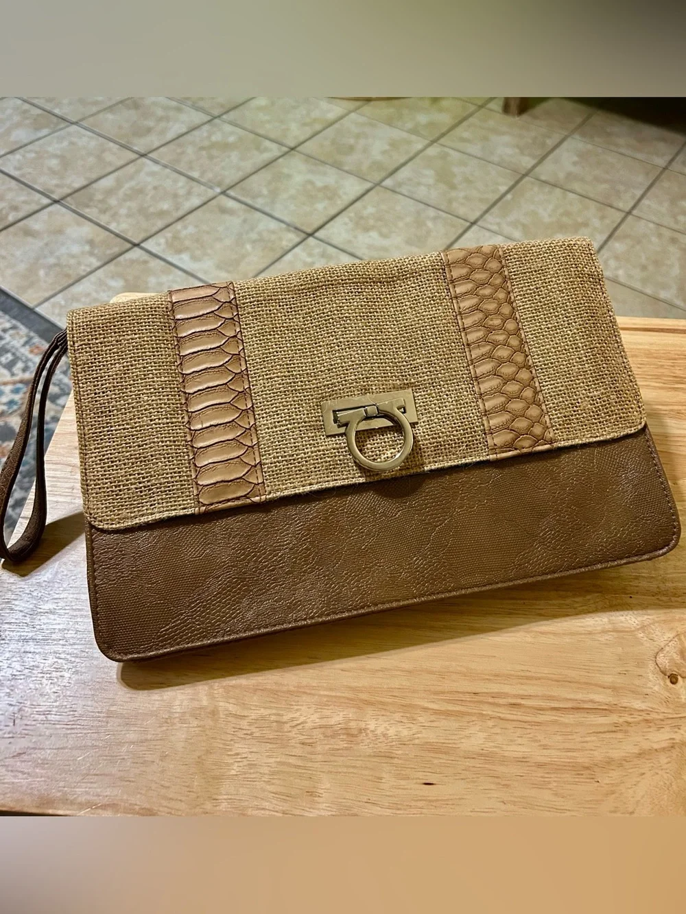 Charming Charlie Burlap & Faux Leather Large Wristlet Clutch Bag Boho